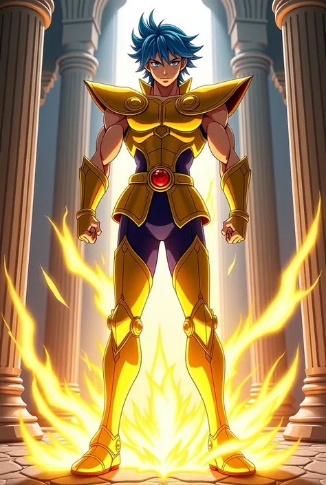 (photorealism:1.2), handsome young man, saint Gemini saga from anime saint seiya, blue hair, wear golden gemini armor , inside gemini temple , performing galaxian explosion, cold gestures