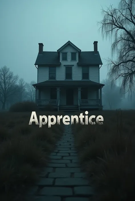 Make me a 16:9 sized picture with a picture like an office with only 1 floor from the front which looks like old houses but is scary with the surrounding atmosphere still visible grass and trees, and in the middle of the picture there is the word "Apprenti...