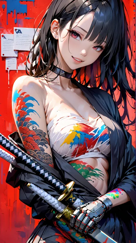  1 girl, solo, arms,  black hair,  tattoo,  red background , Long hair, Mechanical arm,  choker,  looking at the viewer ,  head tilt , Katana,  cyberpunk,  black kimono, black jacket,Sarashi on the chest,Parted lips, colorful paint background, 足の tattoo, 腕...