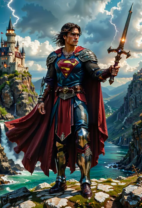 safe_pos, (score_9, score_8_up:1.1), score_7_up, photorealistic, (superman) as a knight in medieval times wearing arm0rs3nt1n3l (dark-metallic-armor) belt, hand up, necklace shoulder armor, gauntlets, pendant,...