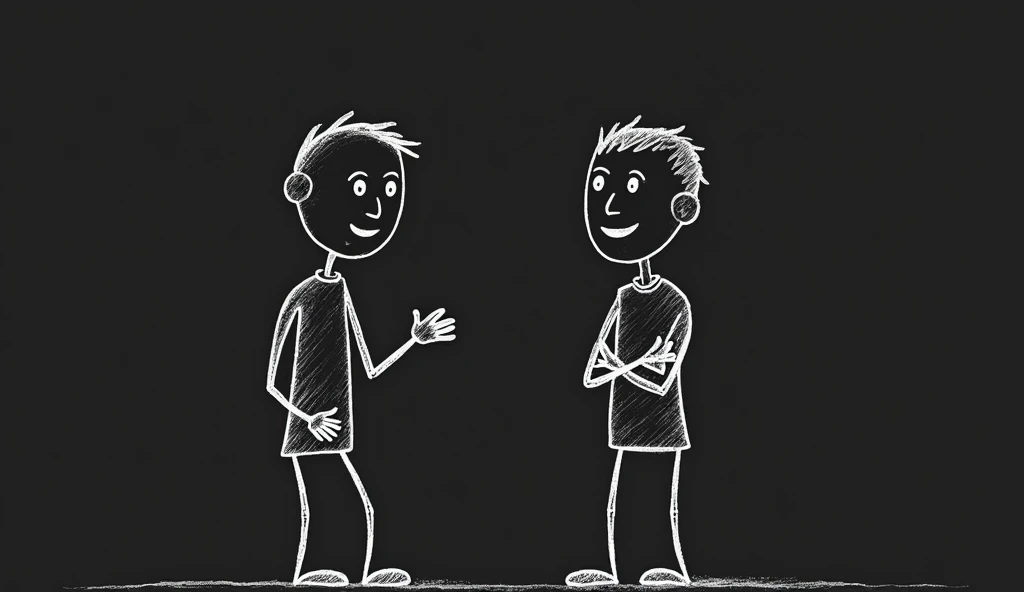 A minimalist, hand-drawn black-and-white illustration of two stick figures engaged in a lively conversation. One figure is leaning slightly forward, gesturing with their hands, appearing animated and expressive, while the other figure stands with arms cros...