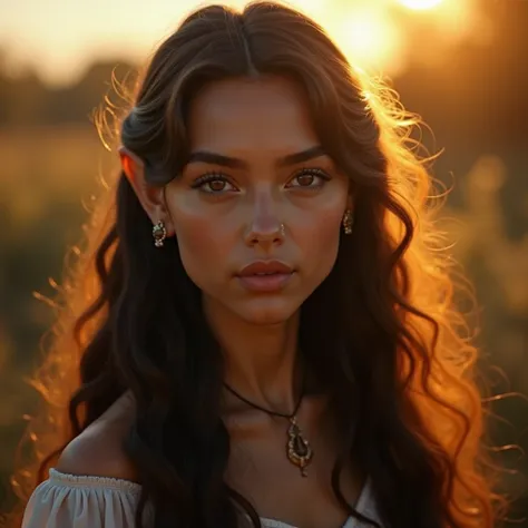 (((an extremely detaild elf with long dark brown hair))). (((golden hour to highlight the skin))), wide shot, (ultra quality:1.3), masterpiece, (highly detailed), HDR, 8K, (depth of field), sharp focus, soft shadows. 
