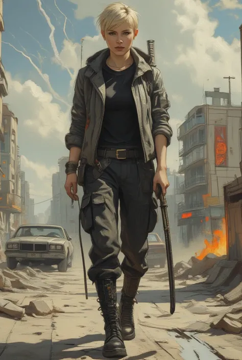 oil painting, sexy beautiful girl 25 years old, blonde, short asymmetrical haircut, short tight T-shirt, black military trousers, high boots, gray leather jacket, the hilt of a Japanese katana behind the back, dynamic pose, standing straight, looking strai...