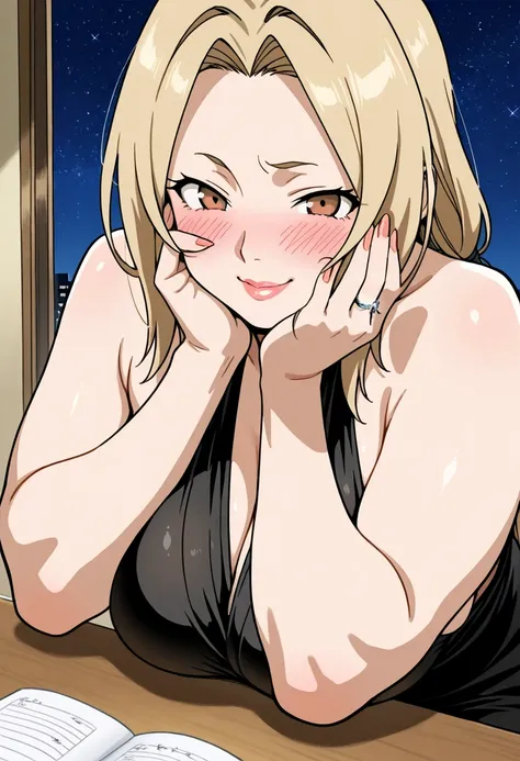  Masterpiece,  top quality ,  dumb  ,  amazing quality in the lyingbedroom 、 anatomically correct、 40 year old MILF、((1 woman,Alone,Tsunade))、 blonde、Yellow Hair、 perfect face、 perfect eyes、perfect and thick lips 、embarrassed, smile、 putting hands on the f...