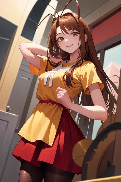 (masterpiece, best quality:1.2), cowboy shot, solo, 1girl, narusegawa naru, smile, looking at viewer, antenna hair, yellow shirt, short sleeves, red skirt, pantyhose