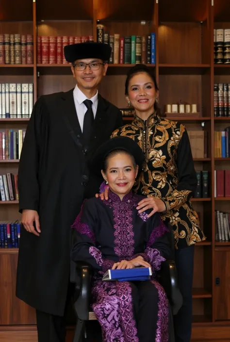 A heartwarming, high-resolution photograph of a proud Indonesian family celebrating a momentous occasion. In the foreground, a young man of 25, dressed in a black suit with a white shirt and black tie, and wearing a traditional toga hat, is graduating. Sta...