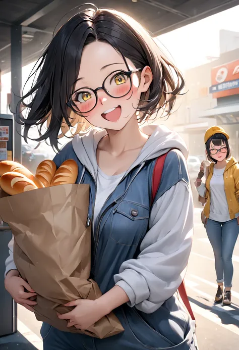 sfw,RAWphoto,photorealistic,8k16k,best quality,perfect anatomy,perfect detailed,ultra highres, extremely detailed eyes and face,gleaming skin,shiny skin,1girl,young,Japanese,black short hair,pixie cut, (wearing glasses:1.3),(parted bangs,forehead:1.2),roun...