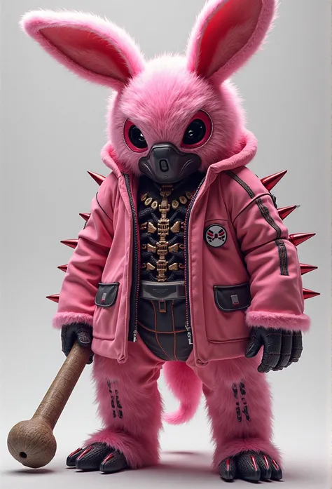 Kamen Rider's Enemy、 create it at an angle where I can see my whole body、The body type is human, pink fur、Bunny ears、Urethane Material 、Fangs grew、gory、（Equipped with a bone stick :1.5）、 I cover my face with a mask 、 I have spines on my legs 