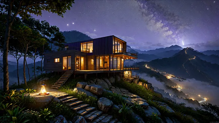 arcviz 1  , a realistic   images ,
night, spring , Firefly, ( home exterior :1.5),( tree ),Stone ,purple ,mountain,fog  ,dreaming,
sunny days, bright light  ,no people,
 images chụp ngang,
masterpiece,(realistic:1.2),  images , high, long braided hair,(  r...