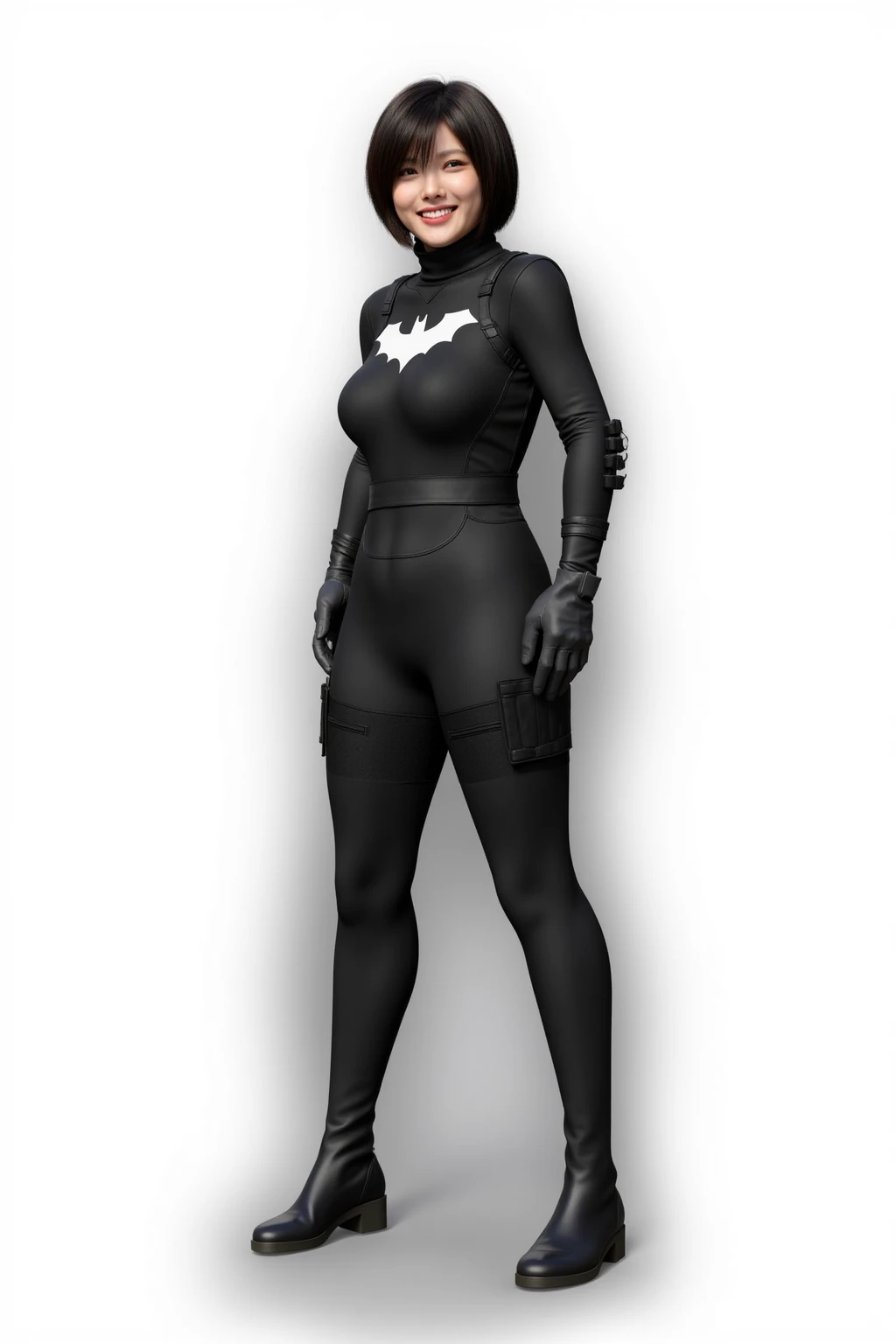 black leather bodysuit with pockets and zippers,  white background, Standing, smile,((realistic)),  short hair, more details,  side view, white striped ornament, Batgirl, Cosplay