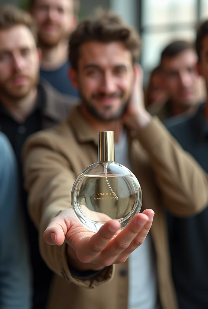 Parfum pentru relaxare care calmeaza anxietatea. Transparent glass , circular in the form of a 50mll thick tube . The bottle stands out from a group of sad and nervous people grabbing another calm and smiling man holding the bottle in his hand. Numele parf...