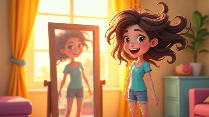 A cheerful animated scene of a young girl in the morning, standing in front of a mirror with messy, wind-blown hair, excited to start her day. She is smiling brightly and wearing casual, colorful clothes. The room is bright with sunlight streaming in throu...