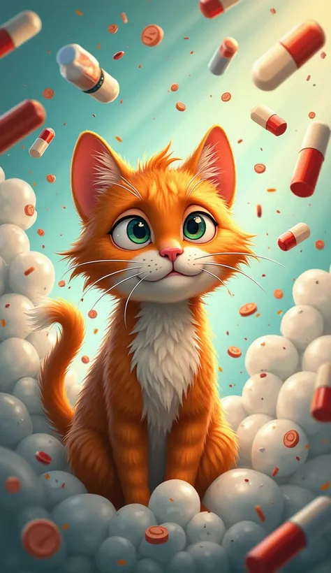 Cartoon Cat in a Cloud of Drugs: A cartoon cat surrounded by a chaotic whirlwind of drugs like pills, syringes, and powders swirling around it. The cat looks disoriented, its eyes glazed, symbolizing the overwhelming hold addiction has on it.