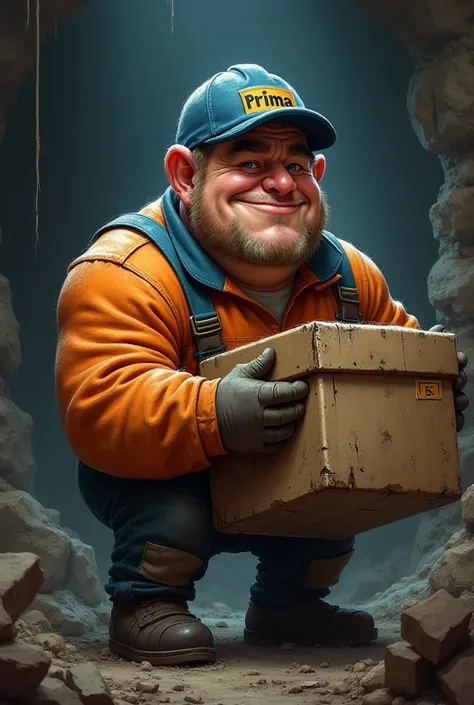 Caricature image of a mine worker in orange uniform with a blue collar wearing a blue hat inscribed Prima and lifting a heavy box with a clenched hand