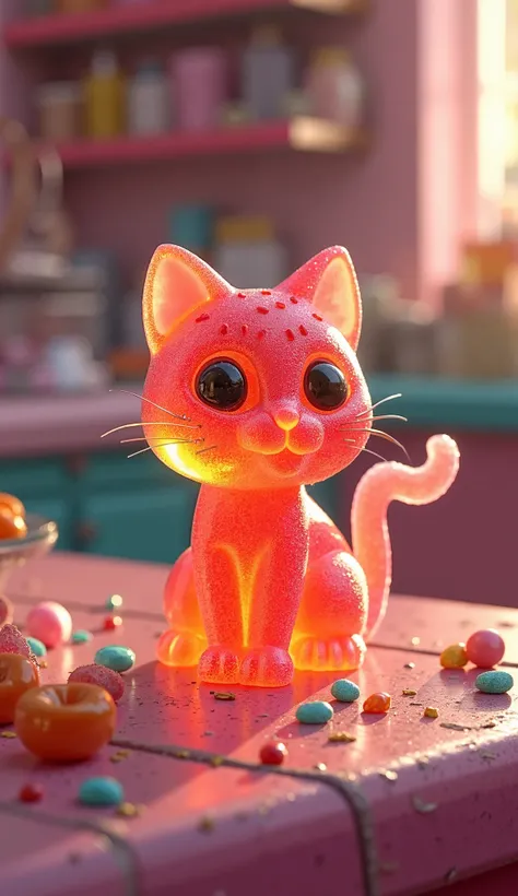 A translucent, gummy candy-shaped cat with a glossy, chewy texture, posed playfully on a colorful candy store counter under warm lighting.