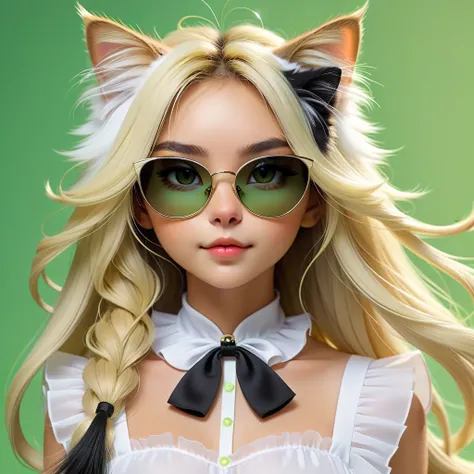  close-up photos of cats in white dresses ,  cute cat girl , artificial cat , Female cats with personality ,  fluffy digital art with black sunglasses, an artificial cat ,  furry fantasy art, beautiful young cat ears girl,  long hair,ブロンドの long hair, blond...