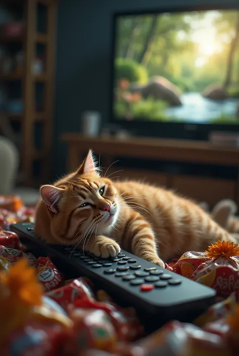 Beach Bum: IllCouch Potato: Show the cat lounging on a remote control, surrounded by empty snack wrappers and a TV playing a nature documentary, looking thoroughly uninterested