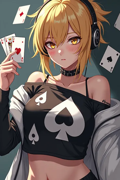 Anime art concept,(masterpiece),(best quality),(ultra-detailed),(best illustration),(best shadow),(absurdres),blond girl, 22 years old, spiked and messy hair, black and white Ace of spades outfit,  curvy, Deck theme, Ace of spades, Ace simbols to crop top,...