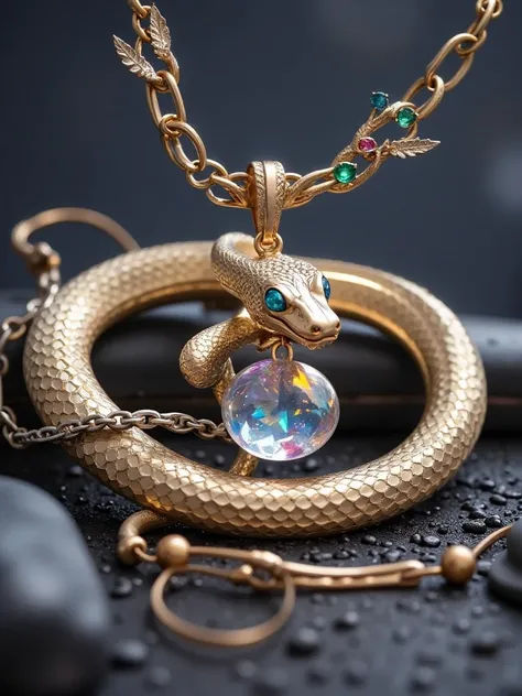 A close-up shot of an exquisite necklace designed for the Year of the Snake, featuring a sleek, sinuous serpent coiled elegantly around a shimmering pendant. The camera focuses on the intricate details of the snake's scales, each one meticulously crafted w...