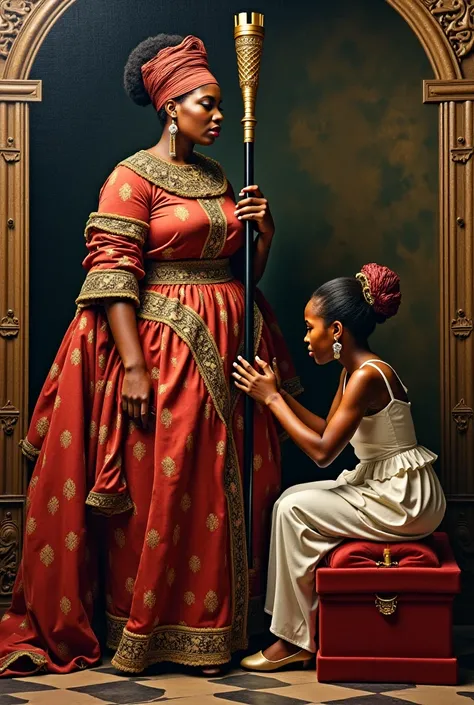 "Baroque-style oil painting, dramatic chiaroscuro lighting, intricate details, 
An African queen with full-figured body wearing hybrid attire: 17th-century Ashanti kente cloth combined with Dutch Golden Age lace collar, 
holding a golden staff topped with ...