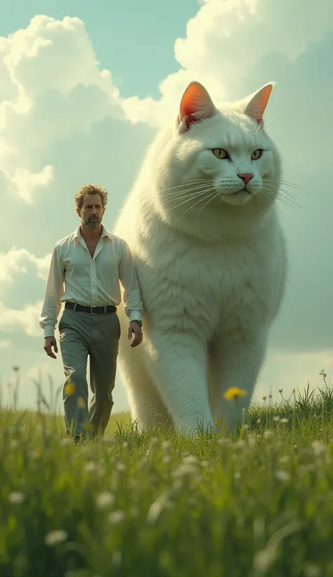 a man walks side by side with a very large white gold cat, against the backdrop of vast green grass