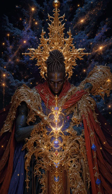 A powerful, transparent spiritual  master craftsman god with dreadlocks shaping the very fabric of reality, with galaxies, stars, and  thread fabric, worlds unfolding from their divine forge like a masterpiece of cosmic artistry, show that he is making gal...