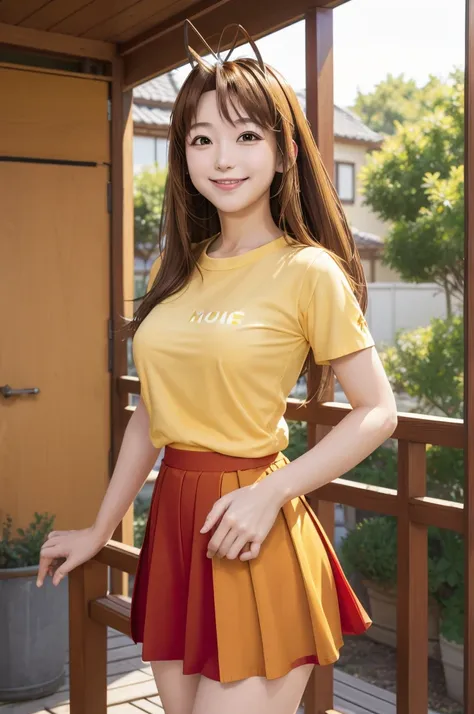 (masterpiece, best quality:1.2), cowboy shot, solo, 1girl, narusegawa naru, smile, looking at viewer, antenna hair, yellow shirt, short sleeves, red skirt, pantyhose