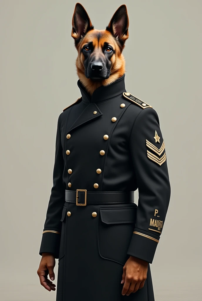 make a dog wearing a black military coat with P.MAUFI written on it