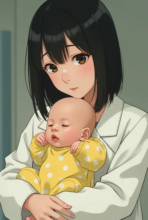 The woman with straight black hair holding a baby wearing lemon-patterned clothes that had just been born has no hair is wearing a white coat, is Japanese and has long, long, and dignified eyes