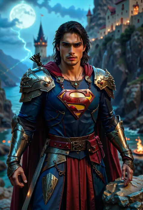 safe_pos, (score_9, score_8_up:1.1), score_7_up, photorealistic, (superman) as a knight in medieval times wearing arm0rs3nt1n3l (dark-metallic-armor) belt, hand up, necklace shoulder armor, gauntlets, pendant,...