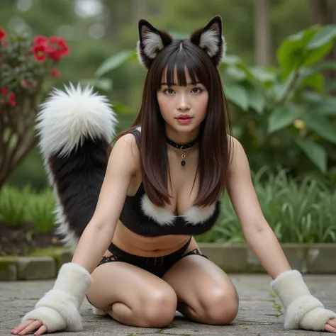 ((  Top Quality , 8k)), (( Juliet's sleeve 1 girl with brown hair)), ((  photorealistic)), ( masterpiece),  perfect face in the room , ((Woman with long dog ears )), ((That woman has a tail )), puppygirl, (Her tail is big  ), ( That beautiful woman opens h...