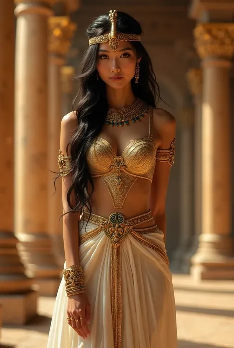 A stunningly beautiful Asian woman, inspired by Chinese or Korean features, dressed in an elegant and seductive ancient Egyptian outfit. She wears a flowing, golden and white dress with intricate embroidery, accentuating her graceful curves. Her accessorie...