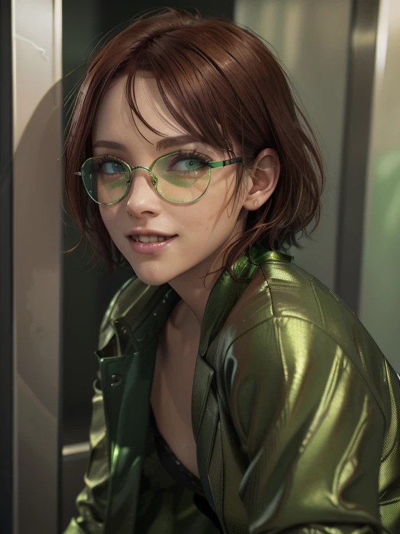  close-up,  upper body . Short,  red hair ,  green eyes, ( metallic glasses:1.2), green blazer, green skirt , smiling  girl in the elevator. ( masterpiece,  top quality ,  better quality,  official art ,  beautiful and aesthetic:1.2),  extremely detailed,(...