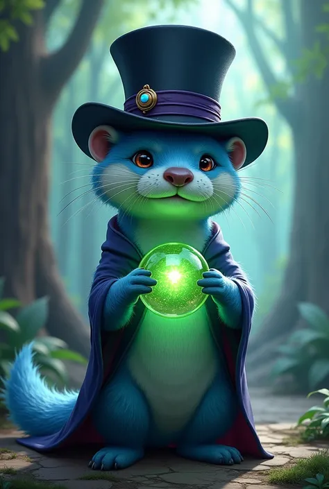 A 4 foot blue cartoony anthropomorphic otter wearing a black tophat with a single blue ring on it and has a green crystal ball on his chest and has a magcian flair