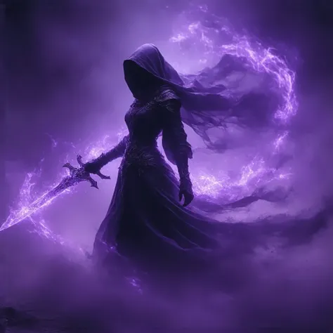 purple art of a woman with a sword,  epic fantasy digital art style , epic Fantasy art style,  painted in arcane style ,  an ominous fantasy illustration , Magical mage , Fantasy art style, liliana vess,  purple fire around the magical arena ,  concept art...