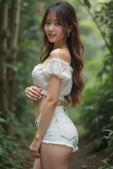 a cute woman from thailand with  sexy wedding blouse .  whole body .  realistic beautiful girl.forest .her face like reference picture. legs appear.   masterpiece.pretty. 18 year old. sexy  short white jean.  cup D size. good curve. see belly.be slightly f...