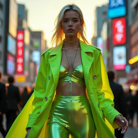 "Ultra-realistic photo of a gender-neutral model with bleached eyebrows and chrome nail art, wearing a deconstructed neon-green trench coat (Balenciaga x Future vibes) over liquid-metal leggings. Shot at golden hour in Tokyo's Shinjuku district, dynamic mo...