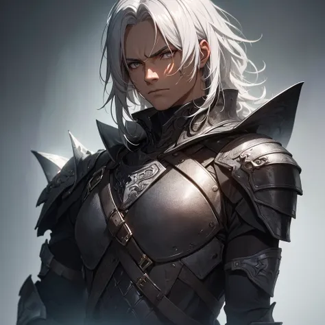 A tall man with white hair, silver eyes, and a neutral expression, set against a dark background, with a tanned, lean body wearing black armor, (best quality,4k,8k,highres,masterpiece:1.2),ultra-detailed) highly detailed armor, dramatic lighting, cinematic...