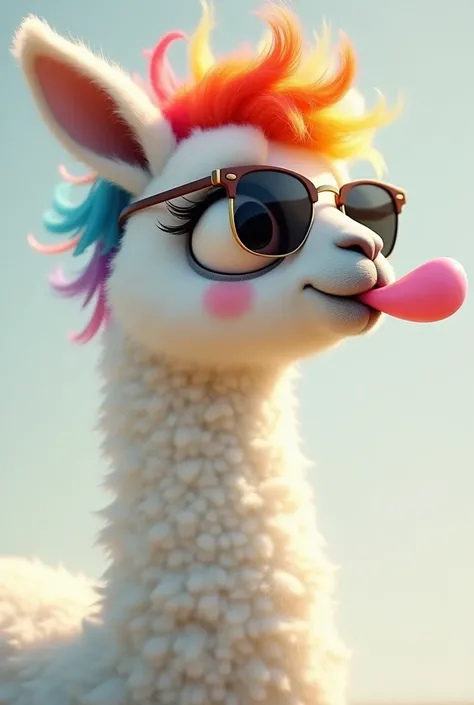 animated alpaca in profile big eyes expressive sunglasses with gum in the mouth colored hair and that she is white