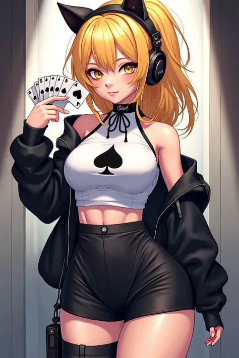 Anime art concept,(masterpiece),(best quality),(ultra-detailed),(best illustration),(best shadow),(absurdres),blond girl, 22 years old, spiked and messy long hair, cat ears, black and white Ace of spades outfit,  curvy, Deck theme, Ace of spades, Ace simbo...