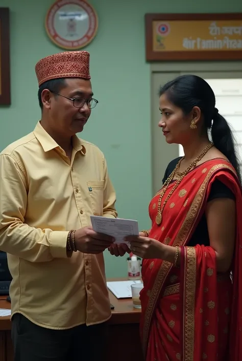 Picture of providing receipt (grievance registered number) to the complainant in Nepalese context and people in Nepali attire men with Nepali dhaka topi and women with Sari Cholo
