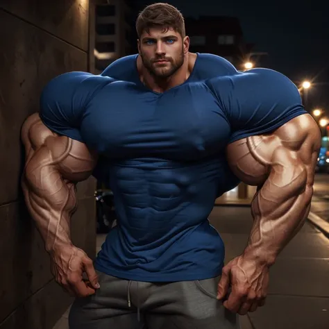 a very handsome man, big eyes, exaggeratedly muscular, exaggeratedly huge muscles, exaggeratedly huge biceps, board bíceps, large bíceps, meaty bíceps, huge bíceps, wearing a blue t-shirt with long sleeves, on a sidewalk at night, with your arm resting aga...