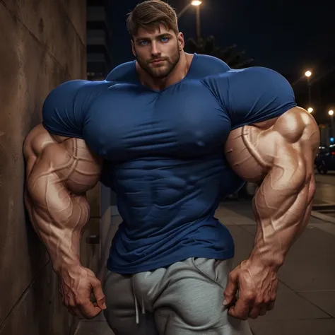 a very handsome man, big eyes, exaggeratedly muscular, exaggeratedly huge muscles, exaggeratedly huge biceps, board bíceps, large bíceps, meaty bíceps, huge bíceps, wearing a blue t-shirt with long sleeves, on a sidewalk at night, with your arm resting aga...