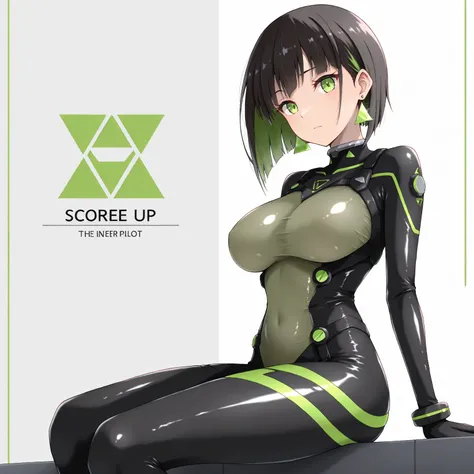 masterpiece, (((( best quality )))),1 girl, Japanese Anime ,character profilele,shiny skin, wearing a black pilot suit, dark hair, short bob hair,The inner color of the hair is green, green eyes,isosceles triangle earrings, black tights,large breasts