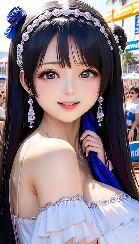 (32K:1.5,  top quality,  Masterpiece,  ultra high resolution,  Mastepice),  highly detailed skin and facial textures :1.3, ( concert venue:0.9, audience, Singing Pose:1.0),  cute and sexy female idol ,  height 160 cm, Small face,  Slim,  white skin,  will ...