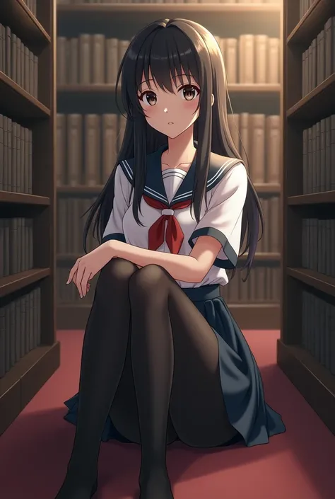 A Japanese high school girl in 80 denier black stockings, seated in a quiet library, surrounded by books, her expression focused yet serene