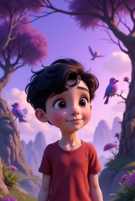 "A cute, young boy in Pixar-style 3D, with big hazel eyes, tousled dark hair, fair skin, wearing a light red shirt, suddenly appearing in a magical world. The sky is glowing purple, talking birds fly around, and whispering trees bend slightly as if listeni...