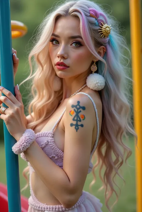 Hyperrealism 1;2), On climbing frame ,  slide 7 chakra tattoo nude portrait of a slim women with long colorful pastel hair. curly hair. Gemstone healing stone earrings .  transparent mini dress with plush collar plush pompom balls plush sleeves. Dramatic e...