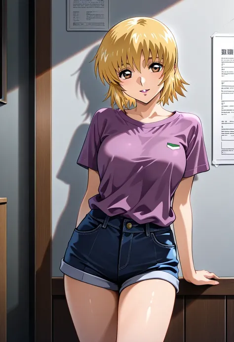 masterpiece,best quality,official art,wall paper,absurdres, beautiful detailed face,detailed texture,detailed skin,BREAK 1girl,Mobile Suit Gundam SEED,source_Mobile Suit Gundam SEED, Cagalli yura athha ,blonde short hair,brown eyes,shirt,shorts,room
