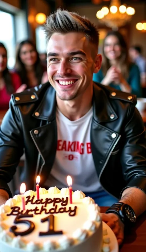 Masterpiece. Happy 25 years old young man, athletic, brown eyes, ((short, military style, grey hair)), clean shaven face, pink full lips, ((subtle smile), fair skin, ((black leather jacket, white t-shirt with red "Breaking Benjamin" written on it, blue jea...